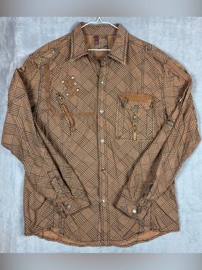 FUSAI Jeans Mens XL Brown Plaid Button Up Shirt Utility Y2K Moto Vintage Grunge